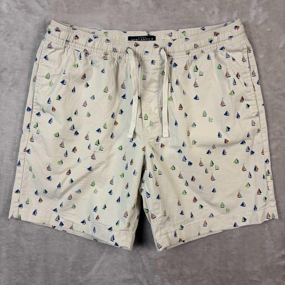 J. Crew Mercantile Flex Mens S Sailboat Print Drawstring Shorts Cream Nautical